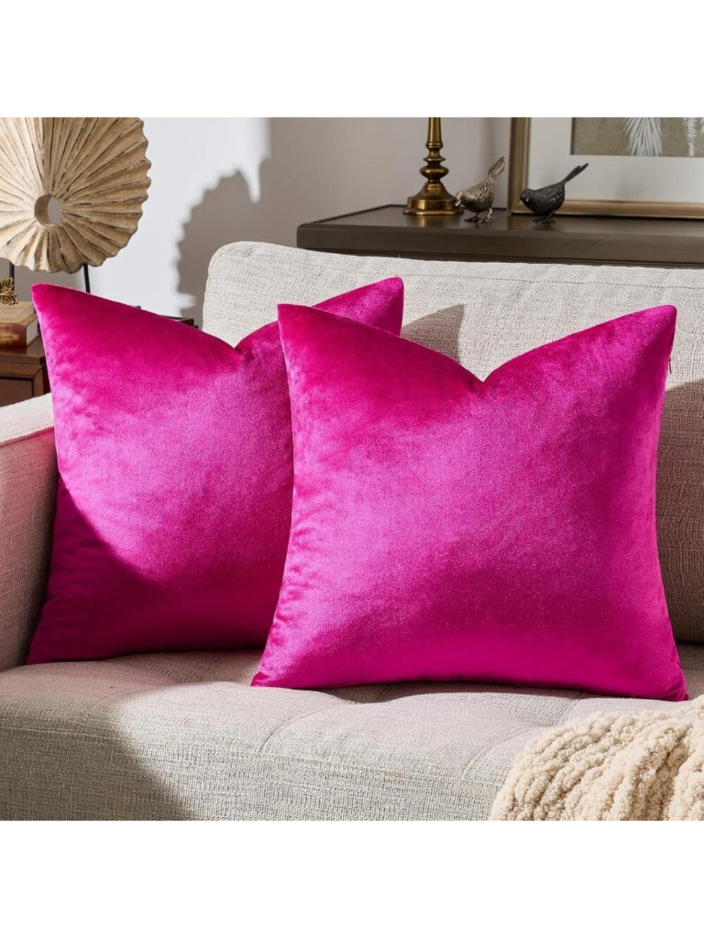 Hot Pink Velvet Decorative Pillow Covers 18x18 - Set of 2 Stylish Cushions